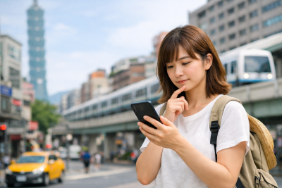 台北の街並みを背景に旅行中の女性がスマホで通信や連絡手段を確認しているイメージ