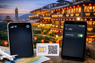 台湾旅行向けeSIM設定イメージ。スマホとQRコードを手前に置き、台湾らしい街並みを背景にした文字なしアイキャッチ画像