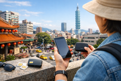 台湾旅行の通信手段比較をイメージしたアイキャッチ画像。スマホと小型WiFiルーターを持つ旅行者の背景に、台湾らしい街並みが広がる文字なし画像