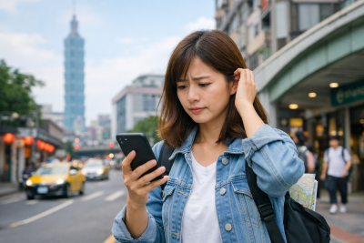 台湾旅行でeSIMがつながらずスマホを確認するイメージ