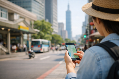 台北の街中でスマホの地図を確認する旅行者