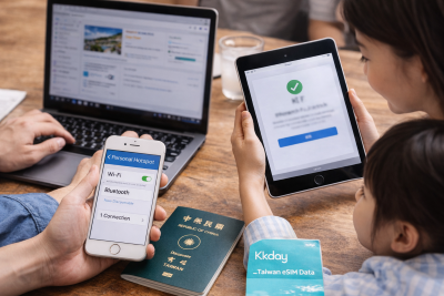 KKdayの台湾eSIMでスマホからPCや家族の端末に通信を共有するイメージ