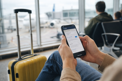 空港の搭乗待ちスペースでスマホを確認している旅行者の手元とスーツケース
